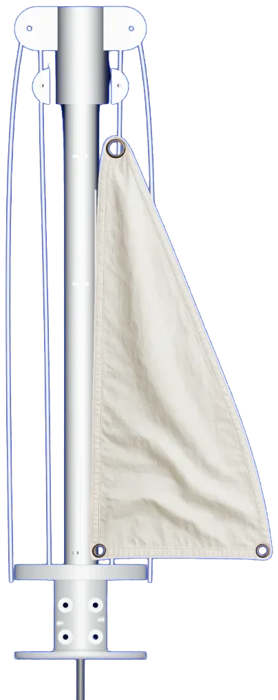 A 3DFurler fitted on a mast with the sail set, showing the external halyards running clear of the foil.